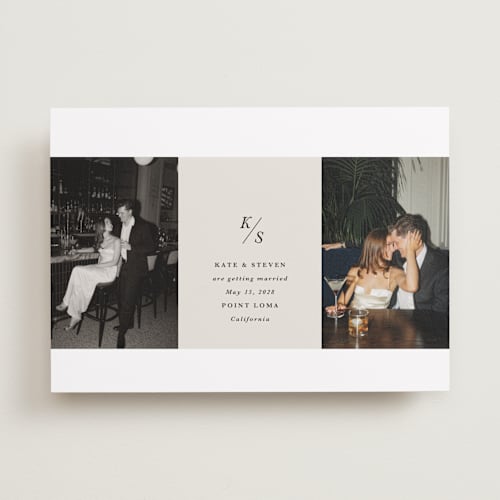 This is a dove save the date with standard by Olivia Kanaley Inman called parker printing on recycled smooth signature in standard