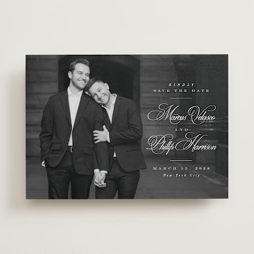 This is a newspaper save the date with standard by Lea Delaveris called grand printing on recycled smooth signature in standard