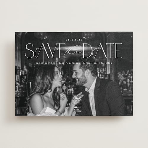 This is a pearl save the date with standard by Brooke Chandler called elegant fete printing on recycled smooth signature in standard