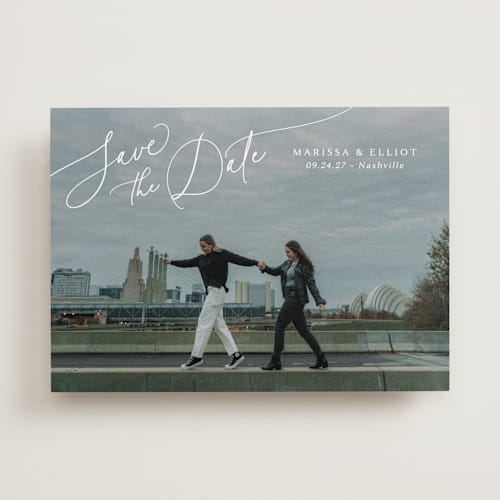This is a pearl save the date with standard by Kaydi Bishop called on the horizon printing on recycled smooth signature in standard