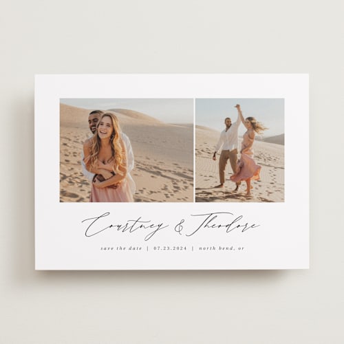 This is a pearl save the date with standard by Paula Pecevich called moments printing on recycled smooth signature in standard