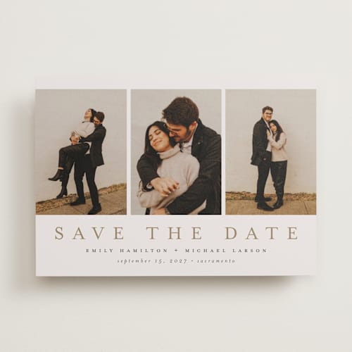 This is a sand save the date with standard by Nicole Walsh called elegant trio printing on recycled smooth signature in standard