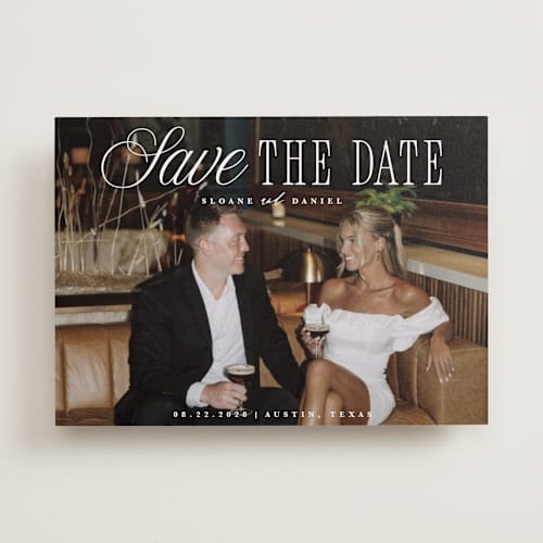 This is a porcelain save the date with standard by Maria Alou called his & hers printing on recycled smooth signature in standard