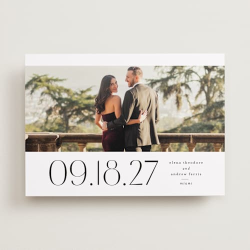 This is a tux save the date with standard by Lea Delaveris called heights printing on recycled smooth signature in standard