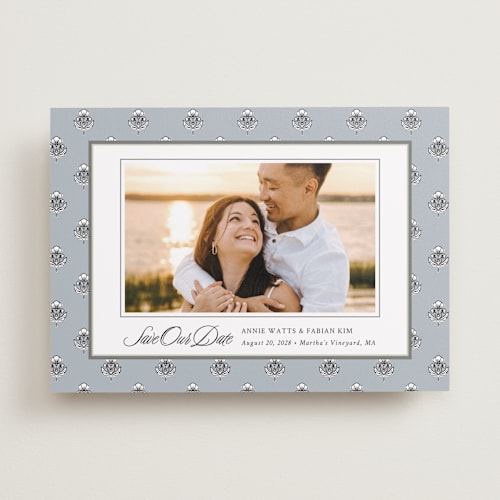 This is a classic save the date with standard by Cindy Reynolds called sophisticated charm printing on recycled smooth signature in standard