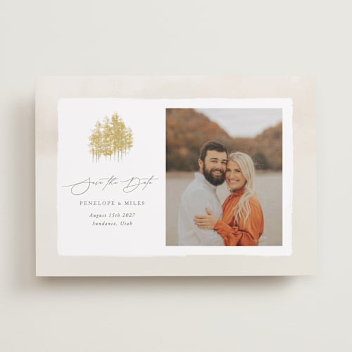 This is a natural save the date with standard by Robert and Stella called aspen printing on recycled smooth signature in standard