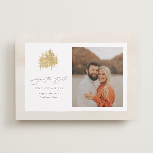 This is a natural save the date with standard by Robert and Stella called aspen printing on recycled smooth signature in standard
