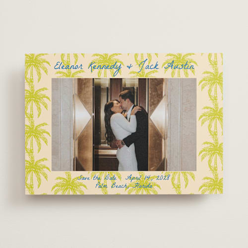 This is a limon save the date with standard by Megan Davis called palm beach printing on recycled smooth signature in standard