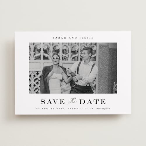 This is a midnight save the date with standard by Stacey Meacham called classic charm printing on recycled smooth signature in standard