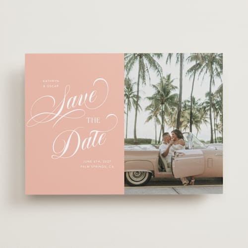 This is a peach save the date with standard by Morgan Kendall called palm springs printing on recycled smooth signature in standard