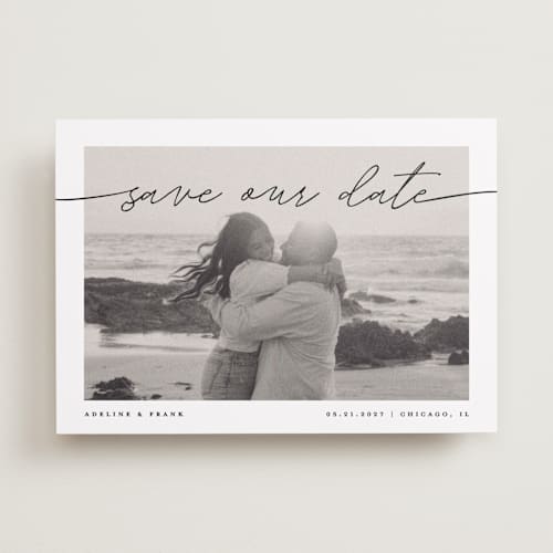 This is a tuxedo save the date with standard by Pixel and Hank called simple details printing on recycled smooth signature in 5x7