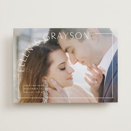 This is a snow save the date with standard by Lauren Chism called take shape printing on recycled smooth signature in standard