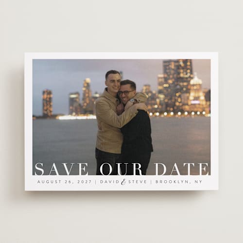 This is a clouds save the date with standard by Kasia Labocki called simple elegance printing on recycled smooth signature in standard