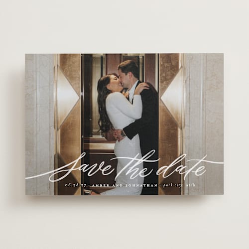 This is a chamomile save the date with standard by Wildfield Paper Co called daisy printing on recycled smooth signature in standard