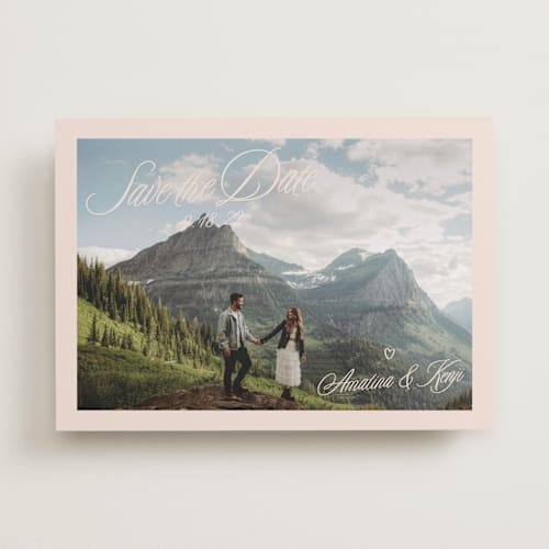 This is a almond save the date with standard by Morgan Kendall called arboretum printing on recycled smooth signature in standard