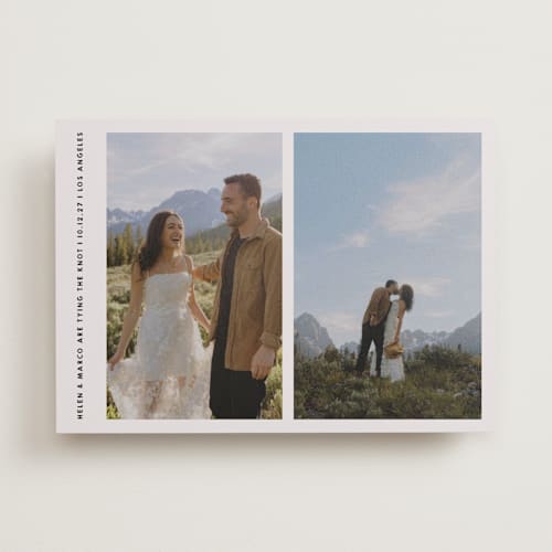This is a stone save the date with standard by Becky Nimoy called diptych photos printing on recycled smooth signature in standard