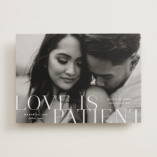 This is a pearl save the date with standard by Lauren Chism called this couple printing on recycled smooth signature in standard