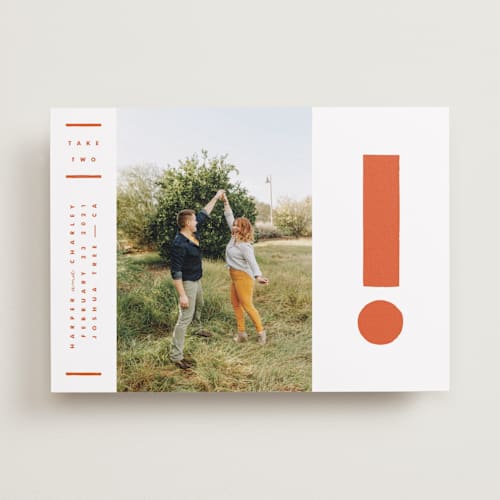This is a persimmon save the date with standard by Yours Madly called the exclamation printing on recycled smooth signature in standard
