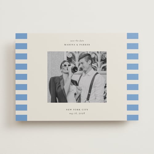 This is a sky save the date with standard by Jackie Crawford called modern border printing on recycled smooth signature in standard