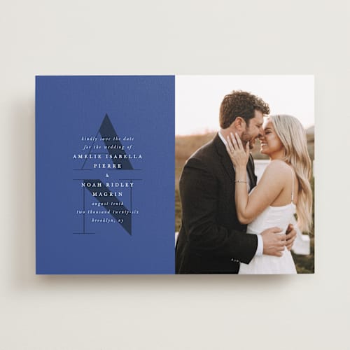 This is a marseille blue save the date with standard by Up Up Creative called centro printing on recycled smooth signature in standard
