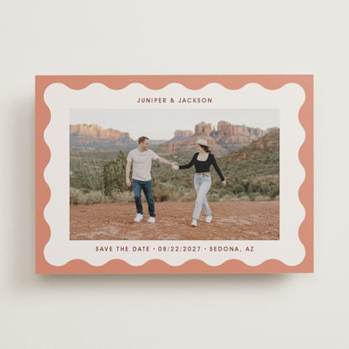 This is a apricot save the date with standard by Kelly Watkins called wavy frame printing on recycled smooth signature in standard