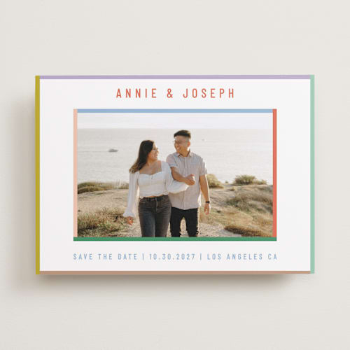 This is a candy save the date with standard by Kelly Watkins called color frame printing on recycled smooth signature in standard