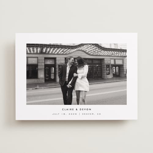 This is a silk save the date with standard by Kelly Schmidt called framed minimalist printing on recycled smooth signature in standard