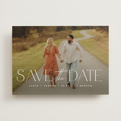 This is a pearl save the date with standard by Jessica Corliss called simple elegance printing on recycled smooth signature in standard