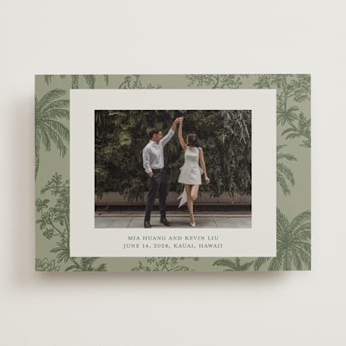 This is a jungle save the date with standard by Jenna Holcomb called tropicale printing on recycled smooth signature in standard