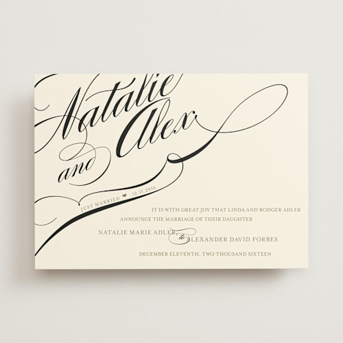 This is a crisp black wedding announcements with standard by Annie Clark called winter flourish printing on signature in standard