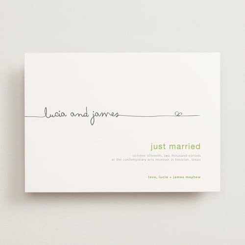 This is a green wedding announcements with standard by R studio called the happy couple printing on signature in standard