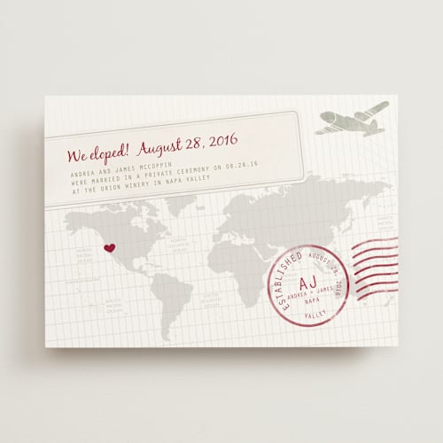 This is a deep red wedding announcements with standard by bumble ink called a faraway destination printing on signature in standard