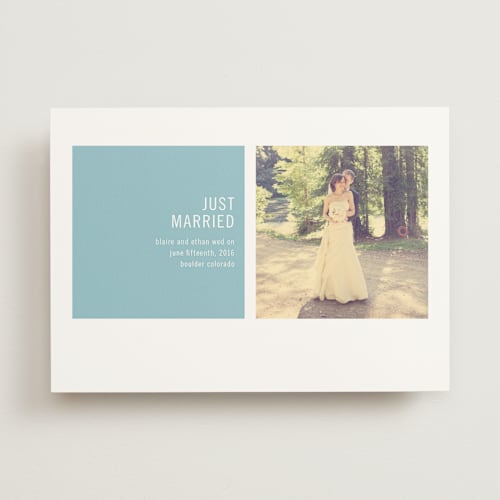 This is a sky blue wedding announcements with standard by Precious Bugarin Design called modern geometric printing on signature in standard