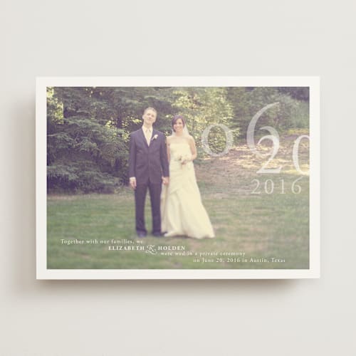 This is a pure white wedding announcements with standard by Helena Seo Design called belle memoire    printing on signature in standard