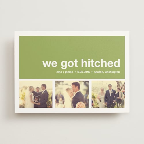 This is a lime wedding announcements with standard by Annie Clark called modern joy printing on signature in standard