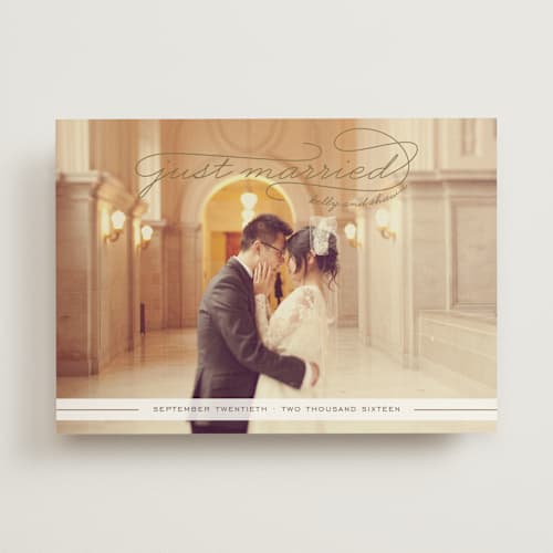 This is a gold wedding announcements with standard by Sydney Newsom called gallery classic printing on signature in standard