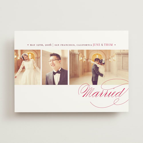 This is a soft ruby wedding announcements with standard by Oscar and Emma - Karly Depew called love & happiness printing on signature in standard