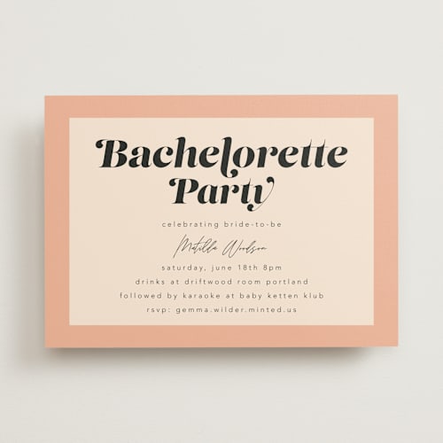 This is a peach bachelorette party invitations with standard by Morgan Kendall called label printing on signature in standard