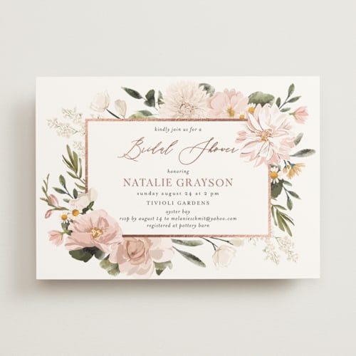 This is a rose bridal shower invitations with foil pressed by Susan Moyal called floral wisp printing on signature in standard