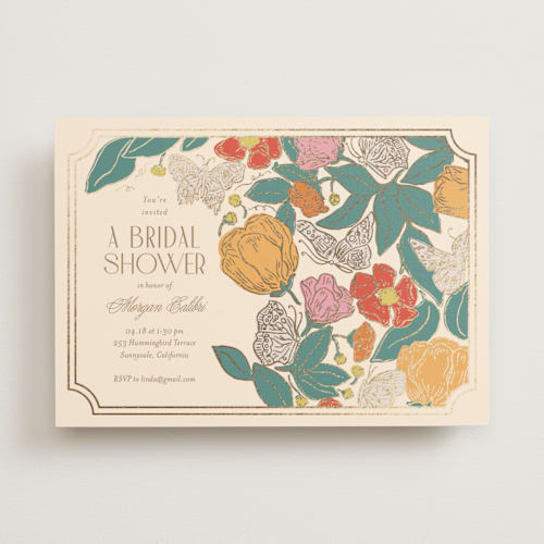 This is a ivory bridal shower invitations with foil pressed by Simona Camp called gilded butterfly garden printing on signature in standard