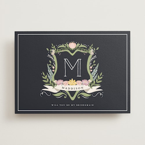 This is a midnight will you be my bridesmaid cards with standard by Susan Moyal called monogramed bridesmaid printing on signature in standard