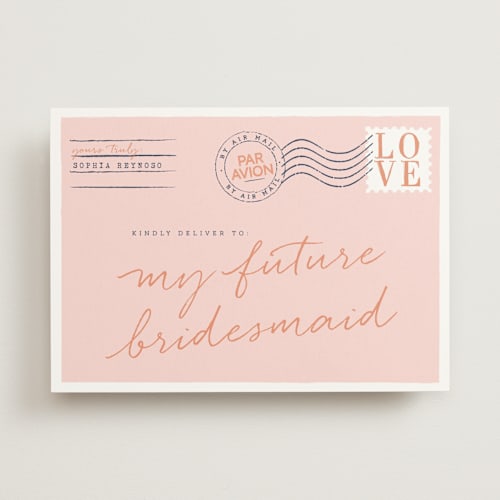 This is a peony will you be my bridesmaid cards with standard by Jennifer Lew called par avion printing on signature in standard