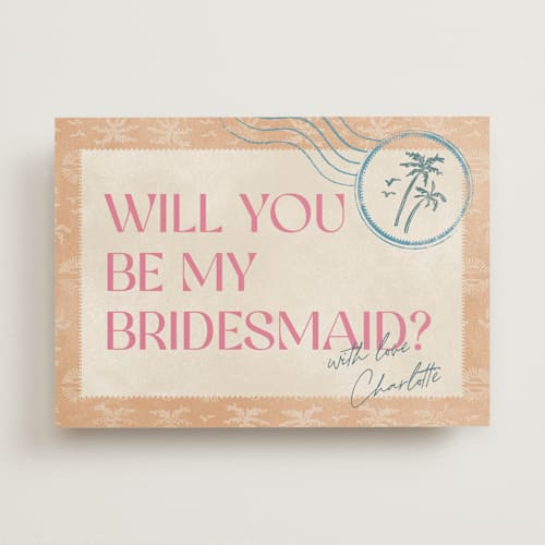 This is a guava will you be my bridesmaid cards with standard by Pixel and Hank called coastal drift printing on signature in standard