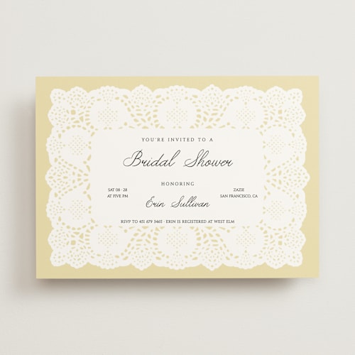This is a butter bridal shower invitations with standard by Studio Suku called lace printing on signature in standard