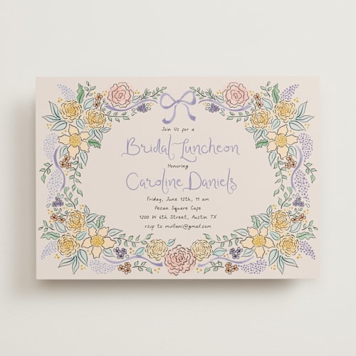 This is a lilac bridal shower invitations with standard by Tamara Hilje called portofino printing on signature in standard