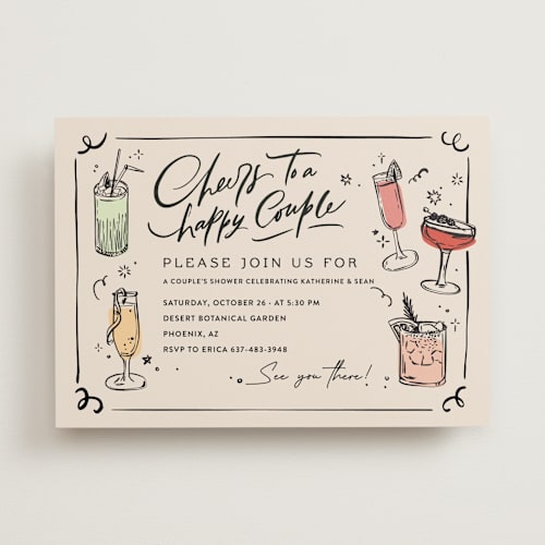 This is a creme bridal shower invitations with standard by Anastasia Makarova called cheers to a happy couple printing on signature in standard