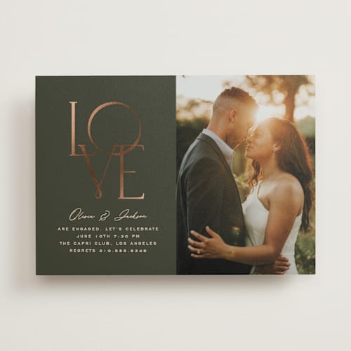 This is a forest engagement party invitations with foil pressed by Owl and Toad called entwined printing on signature in standard