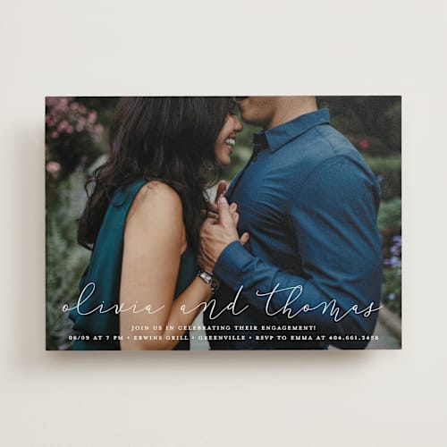 This is a cloud engagement party invitations with standard by Stacey Meacham called etched in love printing on signature in standard