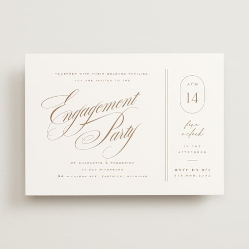 This is a cocoa engagement party invitations with standard by chocomocacino called gelt printing on signature in standard