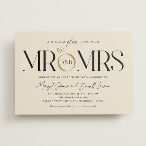 This is a buttercream engagement party invitations with standard by Robert and Stella called mr. & mrs. printing on signature in standard